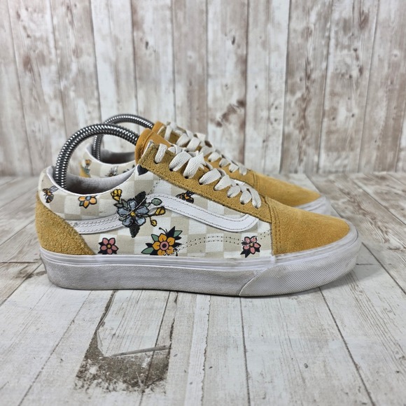 Vans Shoes - Vans Old Skool Mustard Yellow Suede Floral Bee Checkered Sneakers Womens 8